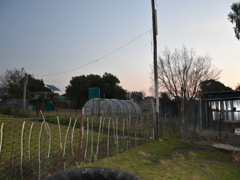 A rural garden area featuring a polytunnel, water storage tank, solar panels, and basic wire fencing on a small holding property.