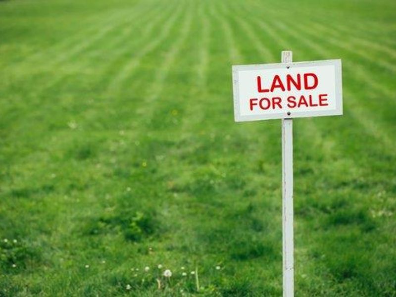A vacant residential plot of land featuring well-maintained grass and a prominent for sale sign.