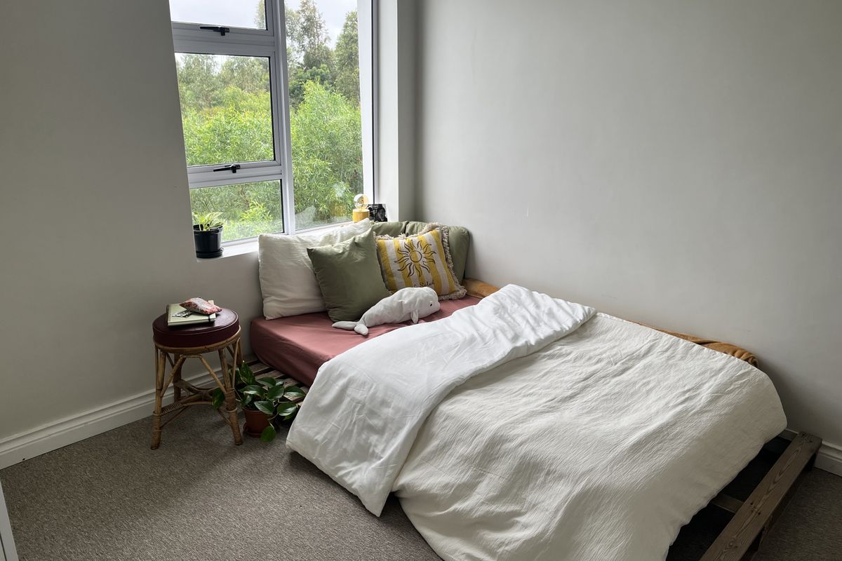 A bright bedroom featuring neutral walls, carpeted flooring, and a large window providing natural light and a pleasant green outlook.