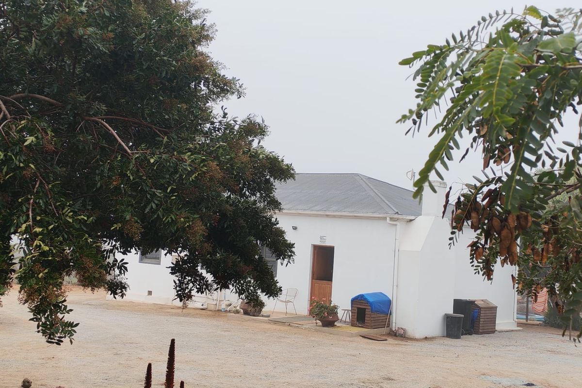 A view of the rear exterior of the farm dwelling, featuring a white facade, metal roofing, and a chimney.