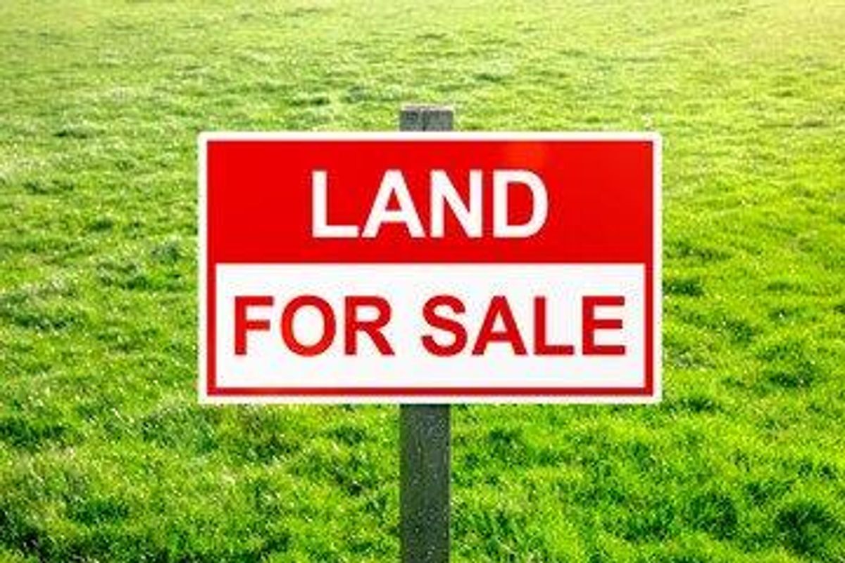 A vacant residential land plot featuring a prominent 'Land for Sale' sign set against a grassy field.