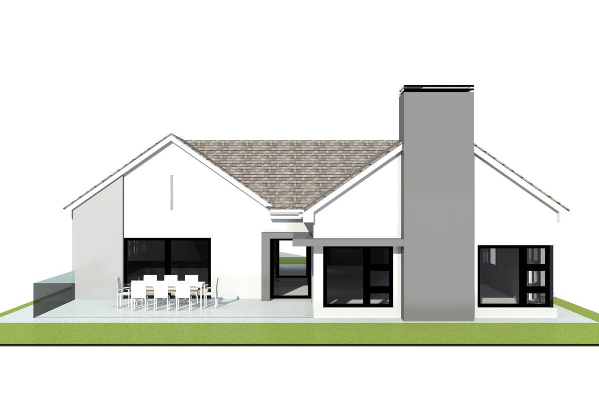 A 3D architectural rendering of the rear elevation of a modern residential property featuring a patio, chimney, and large glass sliding doors.