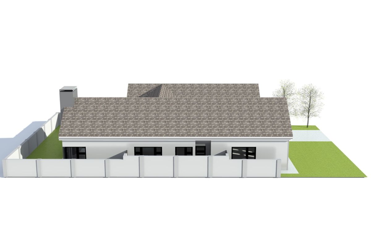 An aerial 3D architectural render showing the roof structure, perimeter wall, and exterior layout of the residential property.