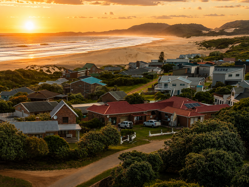 An elevated aerial view of a coastal residential neighborhood at sunset, showcasing the proximity to the beach and surrounding natural landscape.