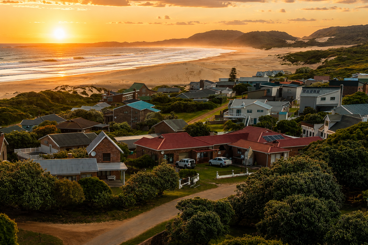 An elevated aerial view of a coastal residential neighborhood at sunset, showcasing the proximity to the beach and surrounding natural landscape.
