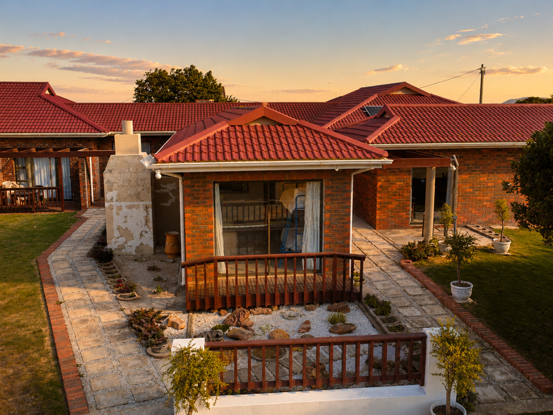 Aerial view of the rear exterior featuring a brick facade, red tiled roof, outdoor fireplace, timber deck, and paved garden pathways at sunset.
