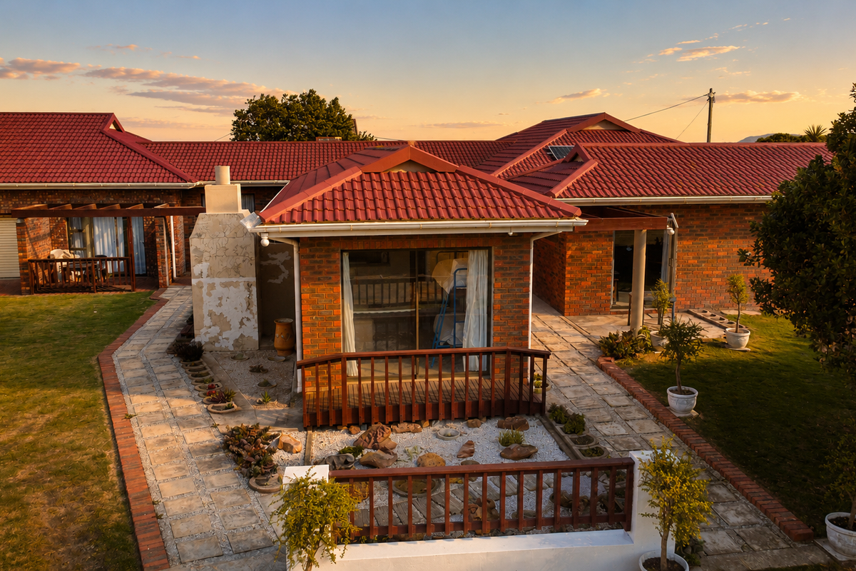 Aerial view of the rear exterior featuring a brick facade, red tiled roof, outdoor fireplace, timber deck, and paved garden pathways at sunset.