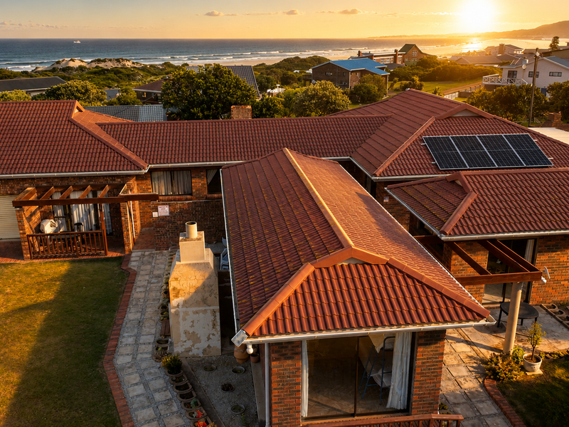 Aerial view of a brick house with a tiled roof, solar panels, and an outdoor fireplace, set against a coastal landscape at sunset.