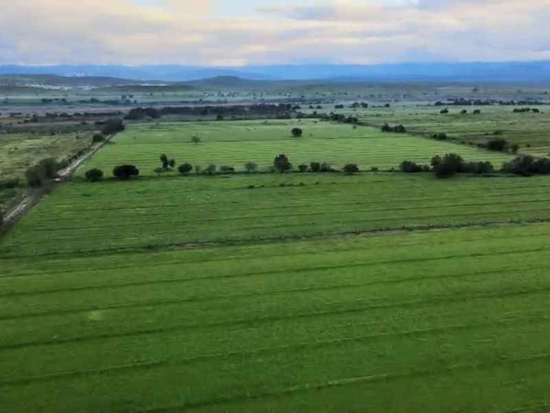An expansive aerial view of the farm property, showcasing large green pasture fields and open landscape under a cloudy sky.