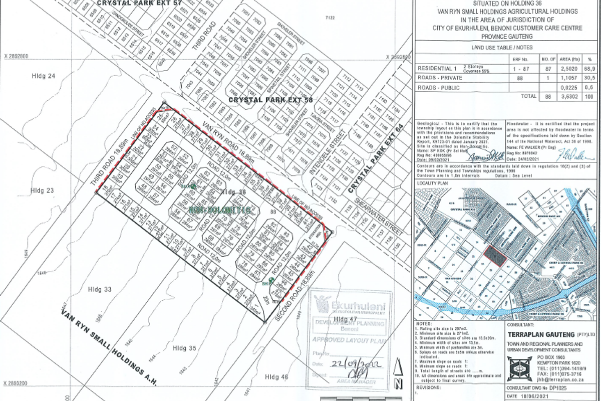 An approved township layout plan for Cloverdene Extension 56, detailing residential erven, road infrastructure, and land use tables.