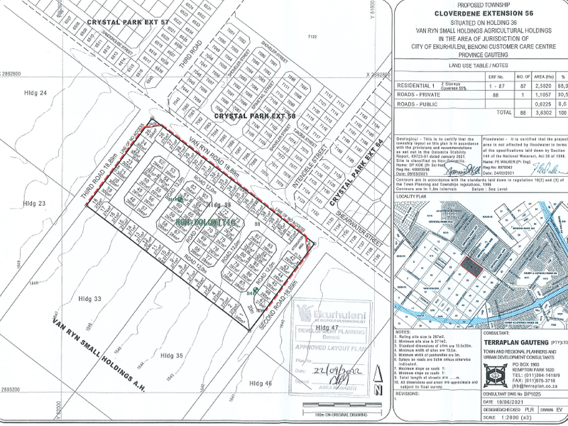 An approved township layout plan for Cloverdene Extension 56, detailing residential erven, road infrastructure, and land use tables.