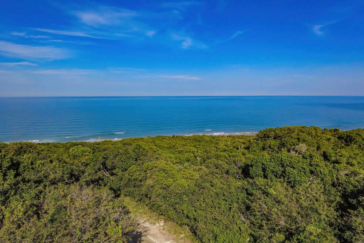 An elevated aerial view showcasing the expansive coastal landscape, lush indigenous vegetation, and direct ocean frontage.