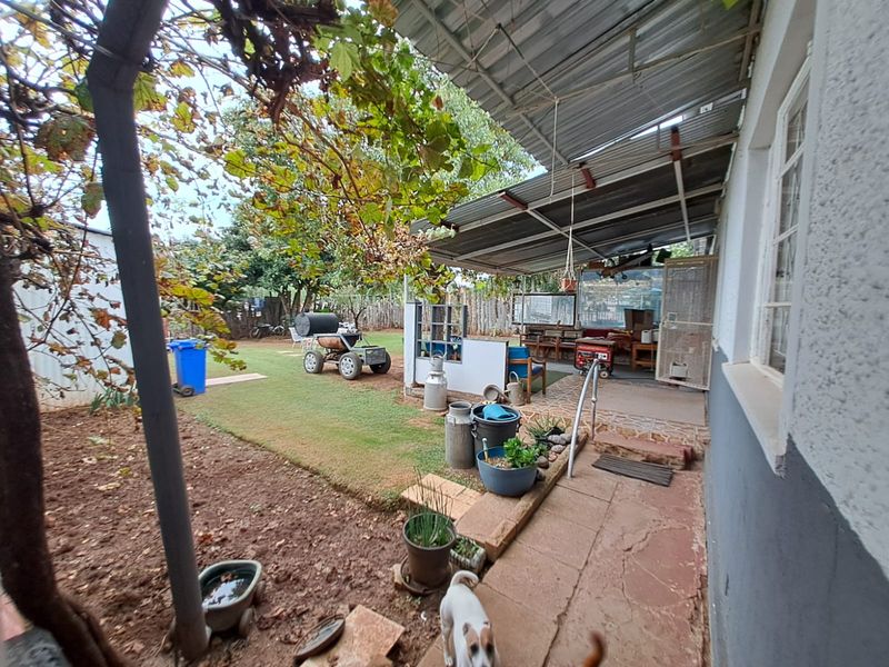 A covered outdoor patio area featuring a corrugated metal roof and concrete flooring, providing a functional space for outdoor living and garden access.