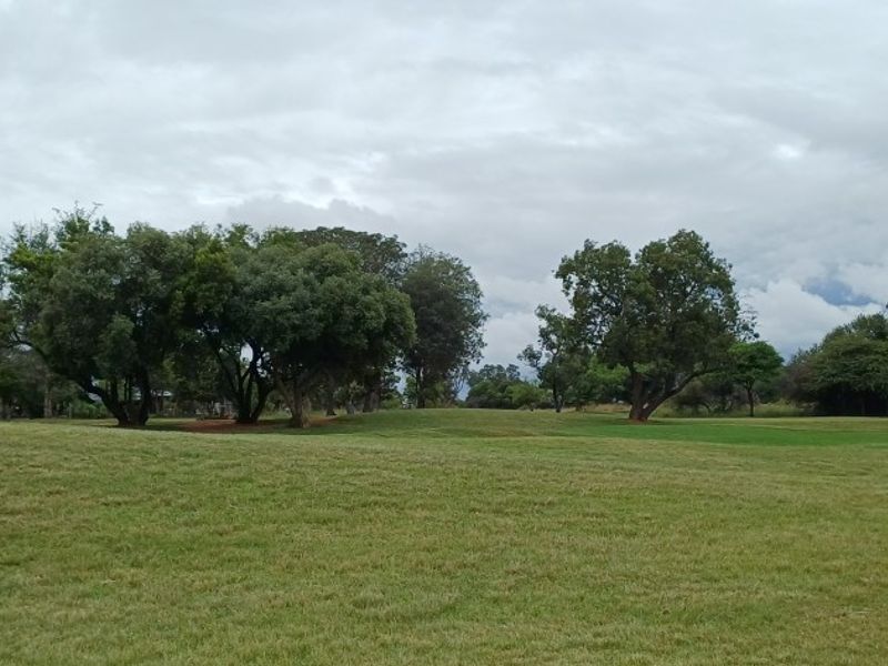 A scenic view of an open, grassy residential plot featuring mature trees under a cloudy sky.