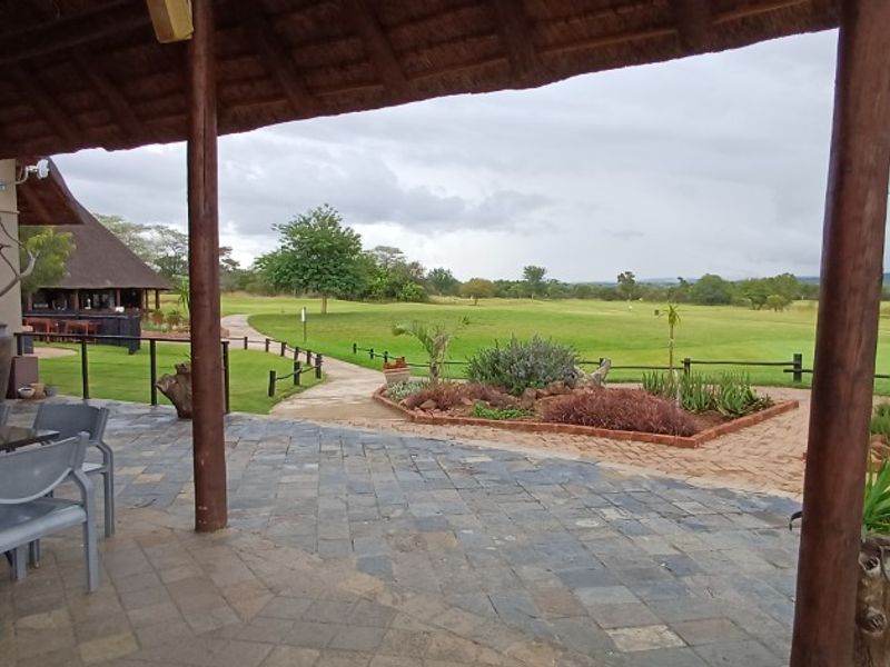 A spacious covered patio featuring a traditional thatched roof, timber support columns, and stone paving, overlooking a landscaped garden and open green space.