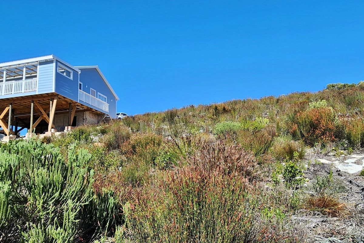 An elevated residential structure featuring a timber deck and cladding, situated on a sloped, naturally landscaped plot.