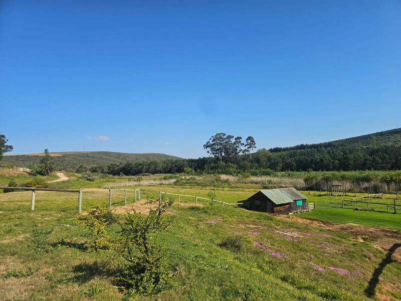 A scenic view of the farm landscape featuring open grazing fields, post and rail fencing, and a small rustic outbuilding.
