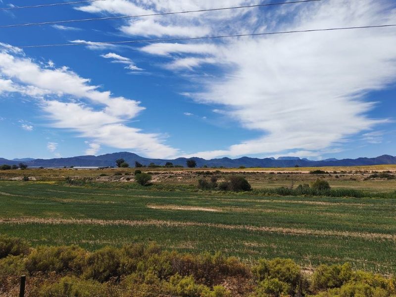 A scenic landscape view of open farm fields and pastures with distant mountain ranges under a bright blue sky.