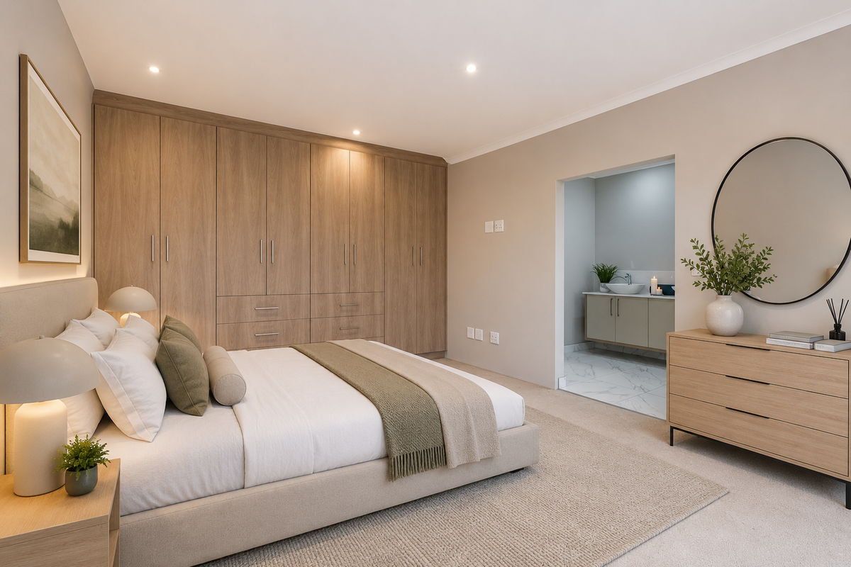 A well-appointed bedroom featuring extensive built-in timber-look wardrobes, neutral carpeting, and direct access to an en-suite bathroom.