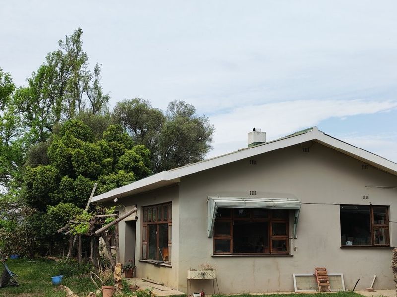 Rear view of a farm-style dwelling featuring plastered walls, a pitched roof, chimney, and timber-framed windows with metal awnings set in a garden.