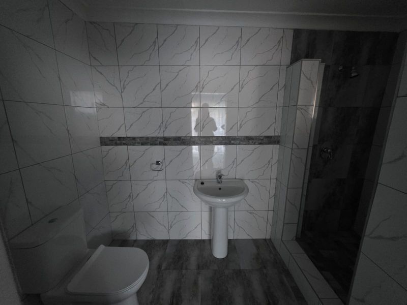 A modern bathroom featuring marble-look wall tiles, a pedestal basin, a toilet, and a separate shower enclosure with dark accent tiling.