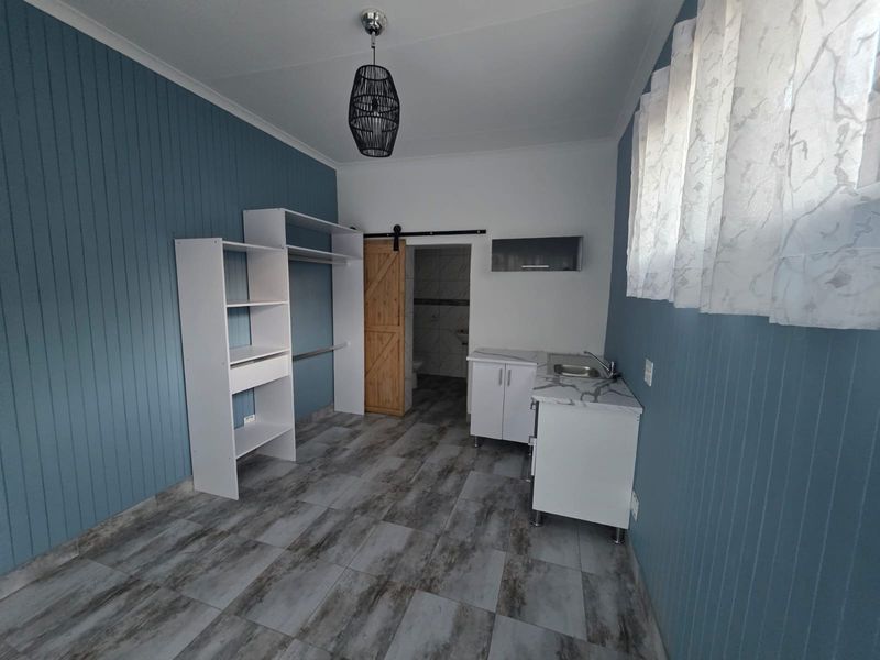 Open-plan studio space featuring blue panelled walls, tiled flooring, a kitchenette area, built-in shelving, and a sliding barn door leading to a bathroom.
