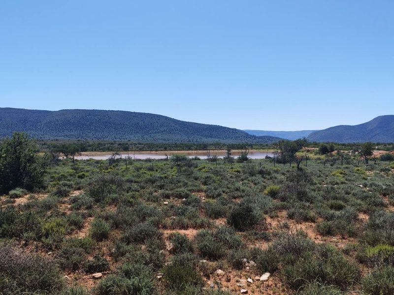 A scenic view of the farm landscape featuring natural vegetation, a dam, and distant mountain ranges under a clear blue sky.