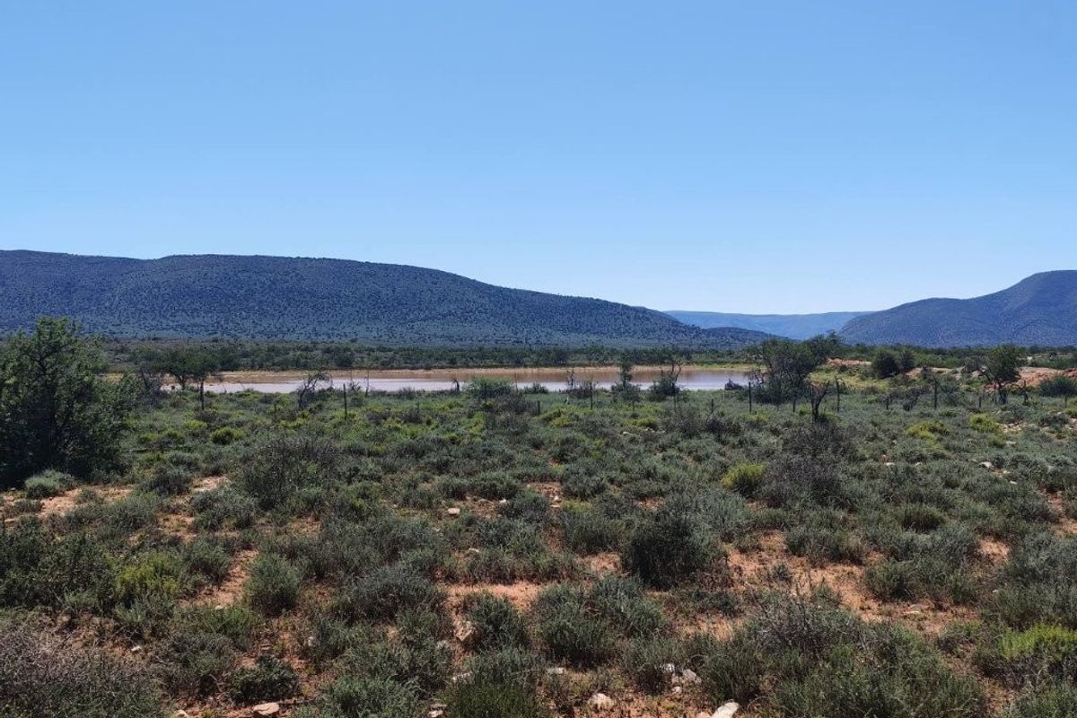 A scenic view of the farm landscape featuring natural vegetation, a dam, and distant mountain ranges under a clear blue sky.