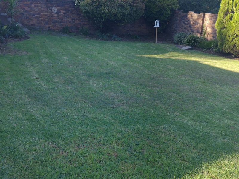 A well-maintained private garden featuring a spacious lawn enclosed by a sturdy brick boundary wall.