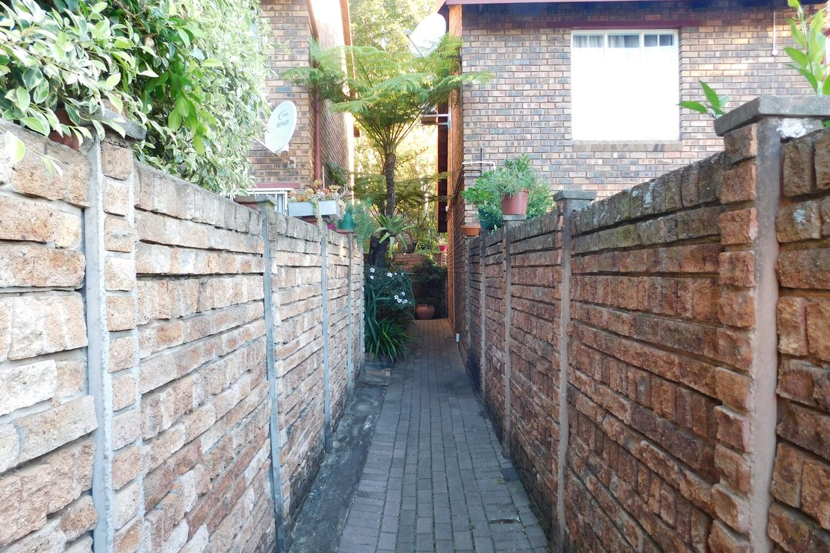A narrow paved side walkway between two brick townhouse structures, featuring established boundary walls and garden greenery.