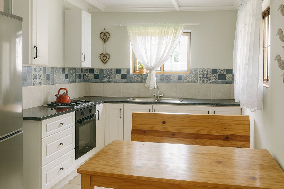 A well-maintained kitchen featuring white cabinetry, granite countertops, a gas hob, built-in oven, and decorative tiled backsplash with a functional layout.