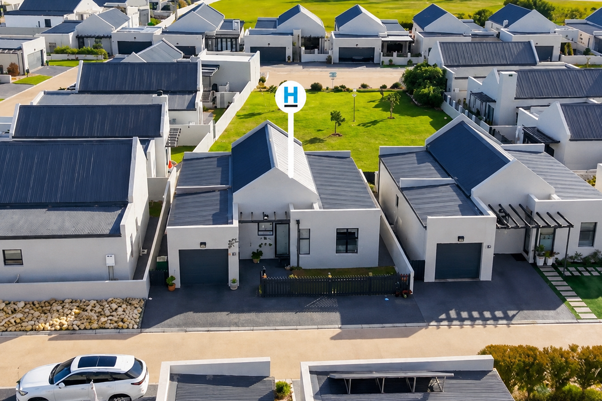 Aerial view of a modern residential property featuring a metal roof, paved driveway, and attached garage within a well-maintained estate.