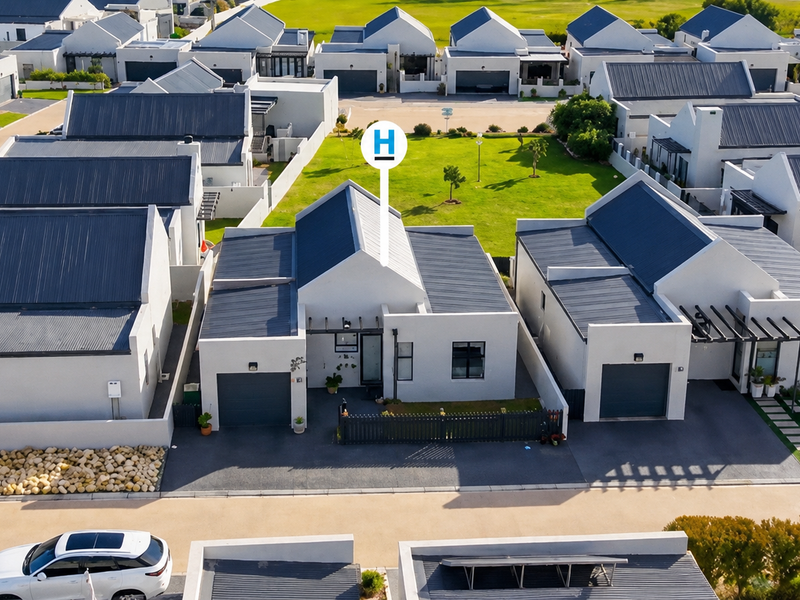 Aerial view of a modern residential property featuring a metal roof, paved driveway, and attached garage within a well-maintained estate.