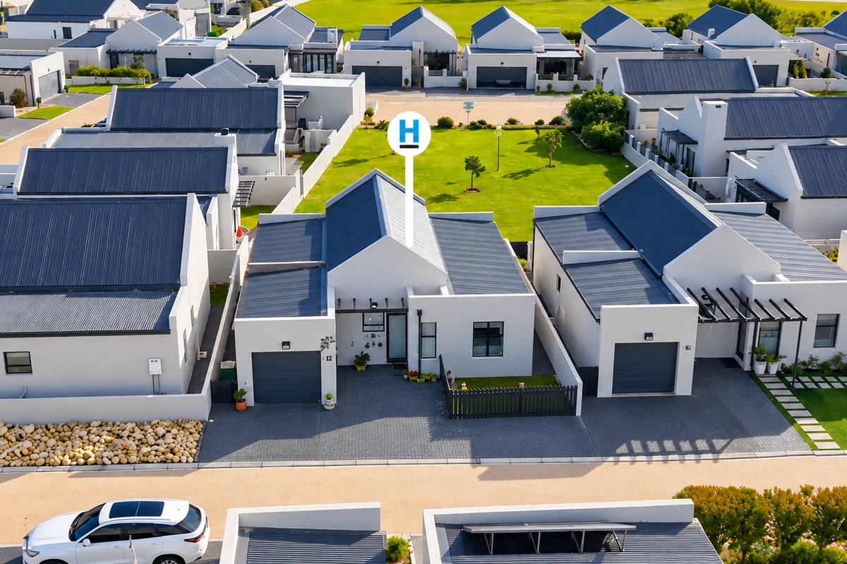 An aerial view of a modern residential estate featuring contemporary homes with metal roofs, paved driveways, and well-maintained garden spaces.