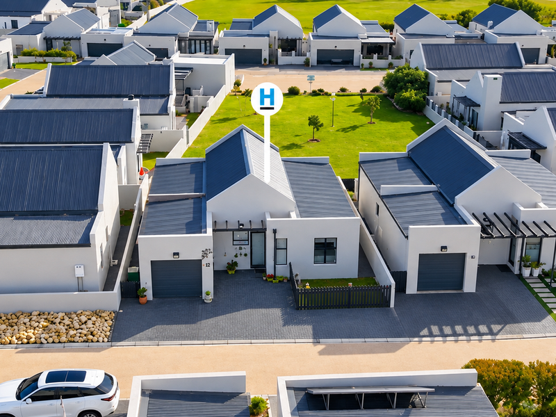 An aerial view of a modern residential estate featuring contemporary homes with metal roofs, paved driveways, and well-maintained garden spaces.