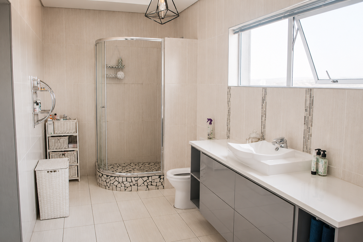 Modern bathroom featuring a curved glass shower enclosure with mosaic detailing, a sleek vanity with integrated basin, and neutral ceramic tiling throughout.
