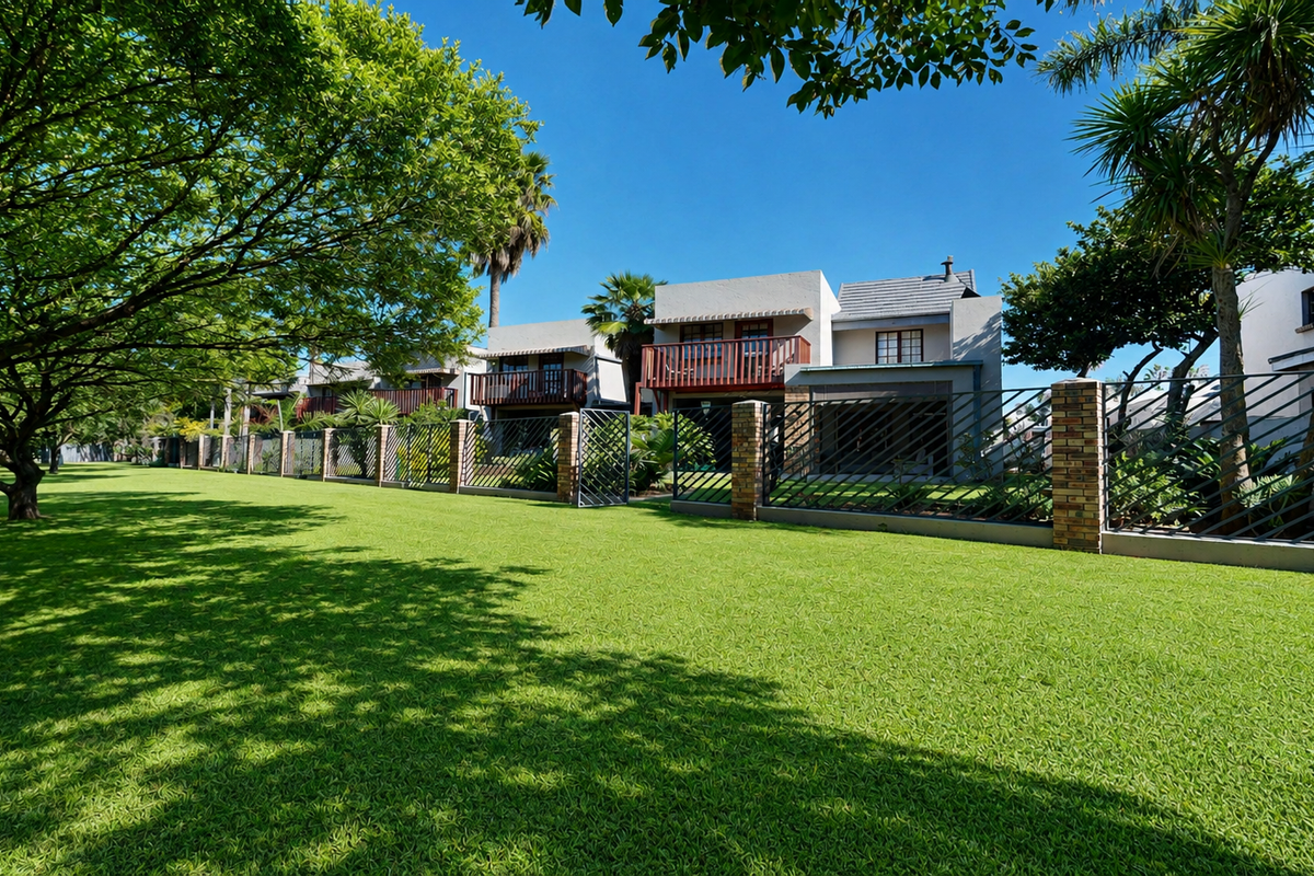 A view of the rear exterior of the townhouse complex, featuring well-maintained lawns, brick and metal fencing, and private balconies.
