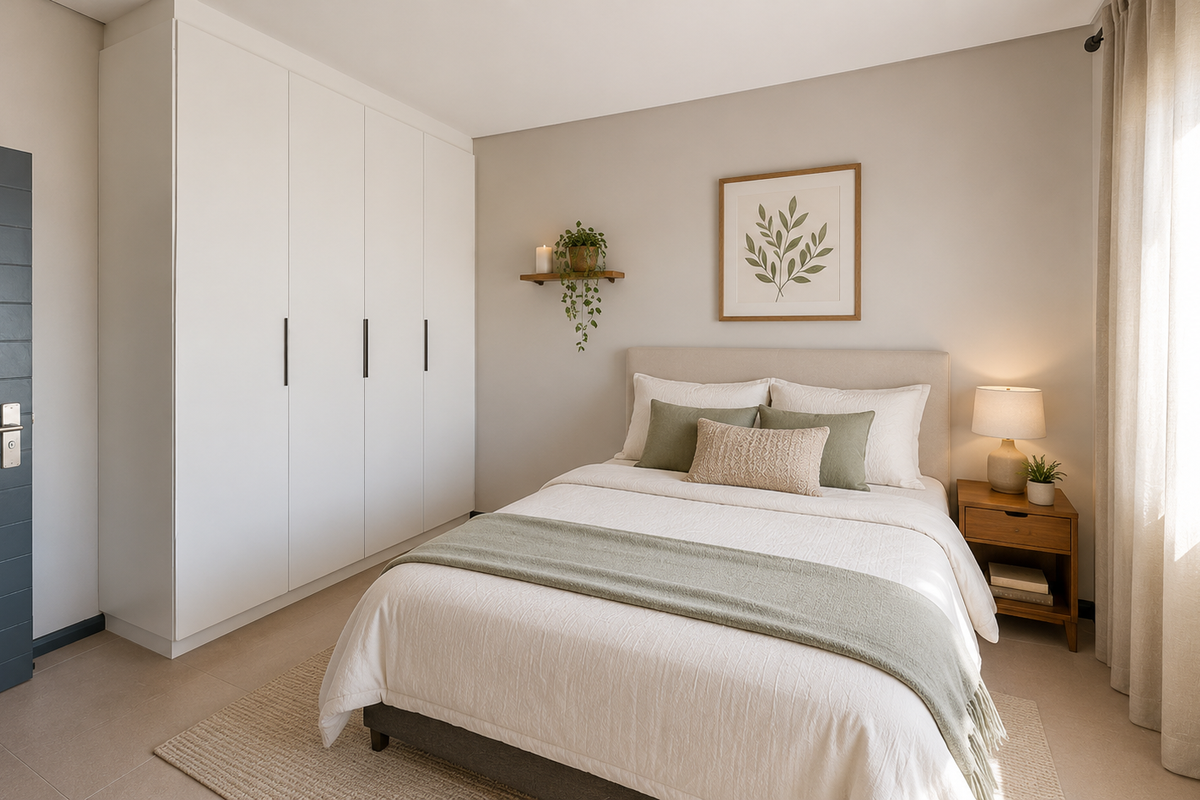 A well-maintained bedroom featuring neutral tones, built-in floor-to-ceiling cupboards, tiled flooring, and natural light from a side window.