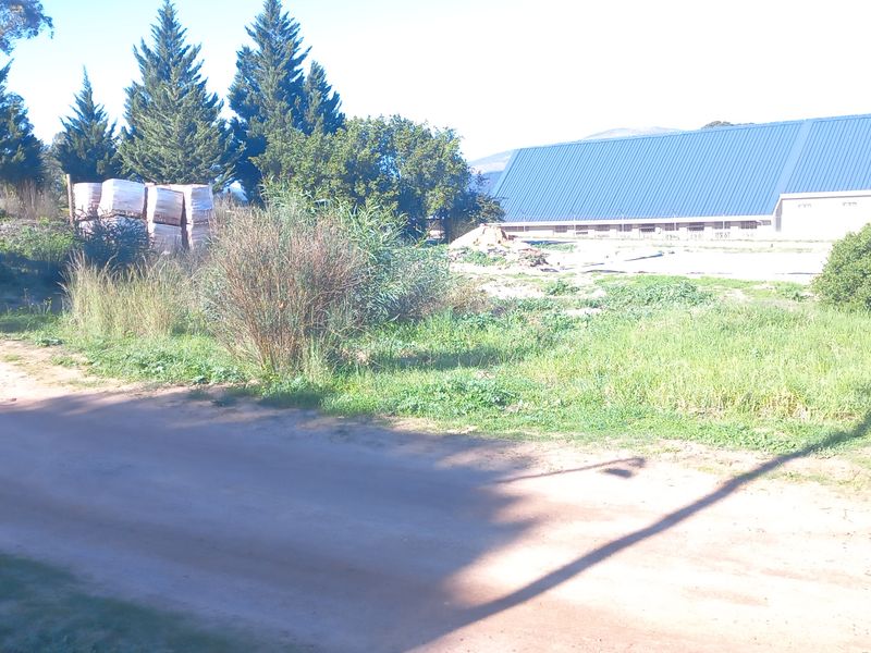 A view of a vacant residential plot featuring a dirt road access, mature trees, and a large metal shed structure in the background.