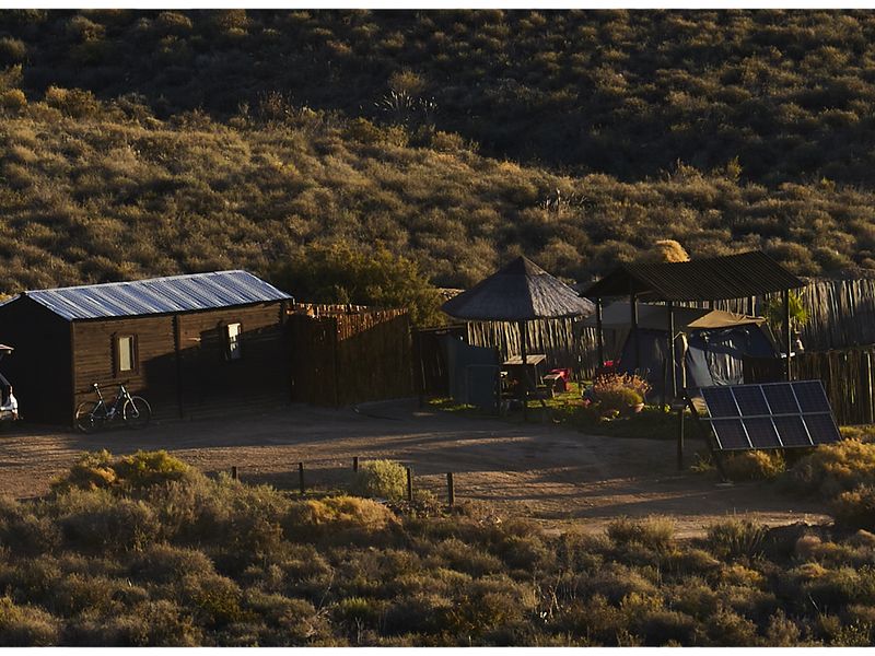 Aerial view of a rustic farm property featuring a timber cabin, solar power installation, and a thatched outdoor entertainment area set in a natural landscape.