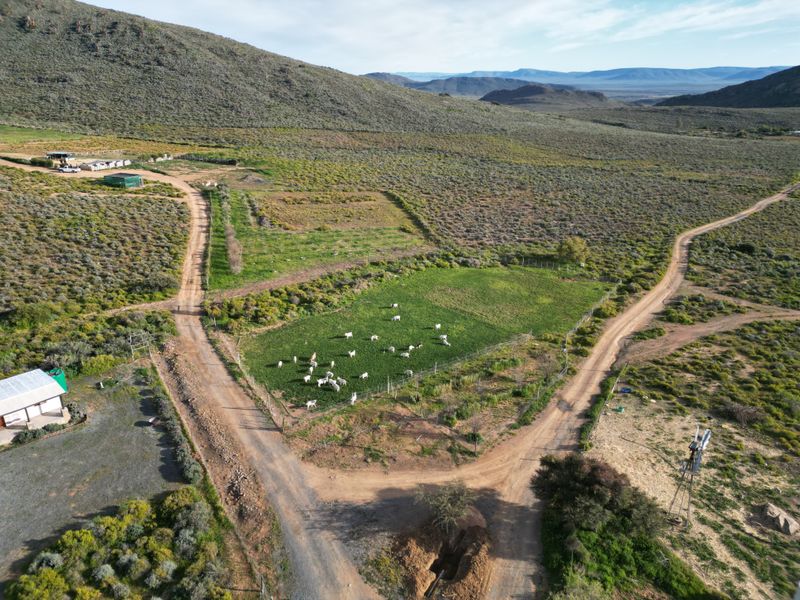 Aerial view of a farm property featuring dirt access roads, a fenced grazing paddock with livestock, a windmill, and surrounding outbuildings.
