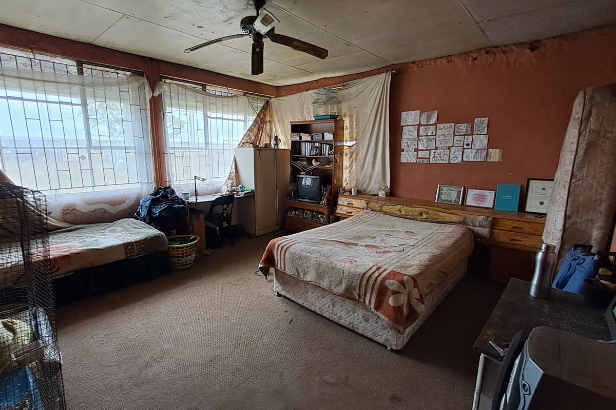 Spacious bedroom featuring large windows with security bars, a ceiling fan, and built-in headboard cabinetry, requiring cosmetic updates to wall finishes and flooring.