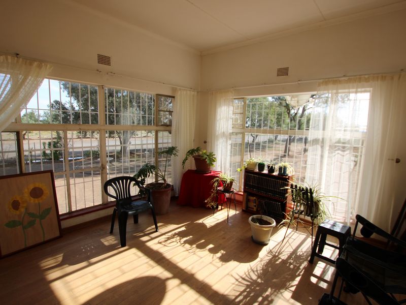 A sunlit living area featuring extensive steel-framed windows providing ample natural light and views of the surrounding property.