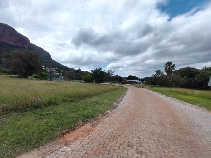 A view of a paved residential street leading through a vacant land area with surrounding natural landscape and mountain backdrop.