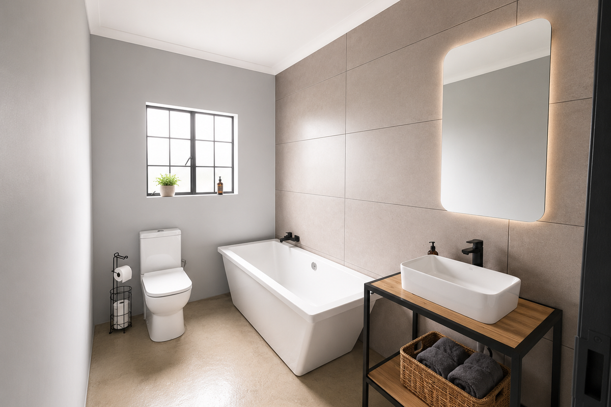 Modern bathroom featuring a freestanding bathtub, a vessel sink on a metal-framed vanity, and a backlit mirror with large-format wall tiles.