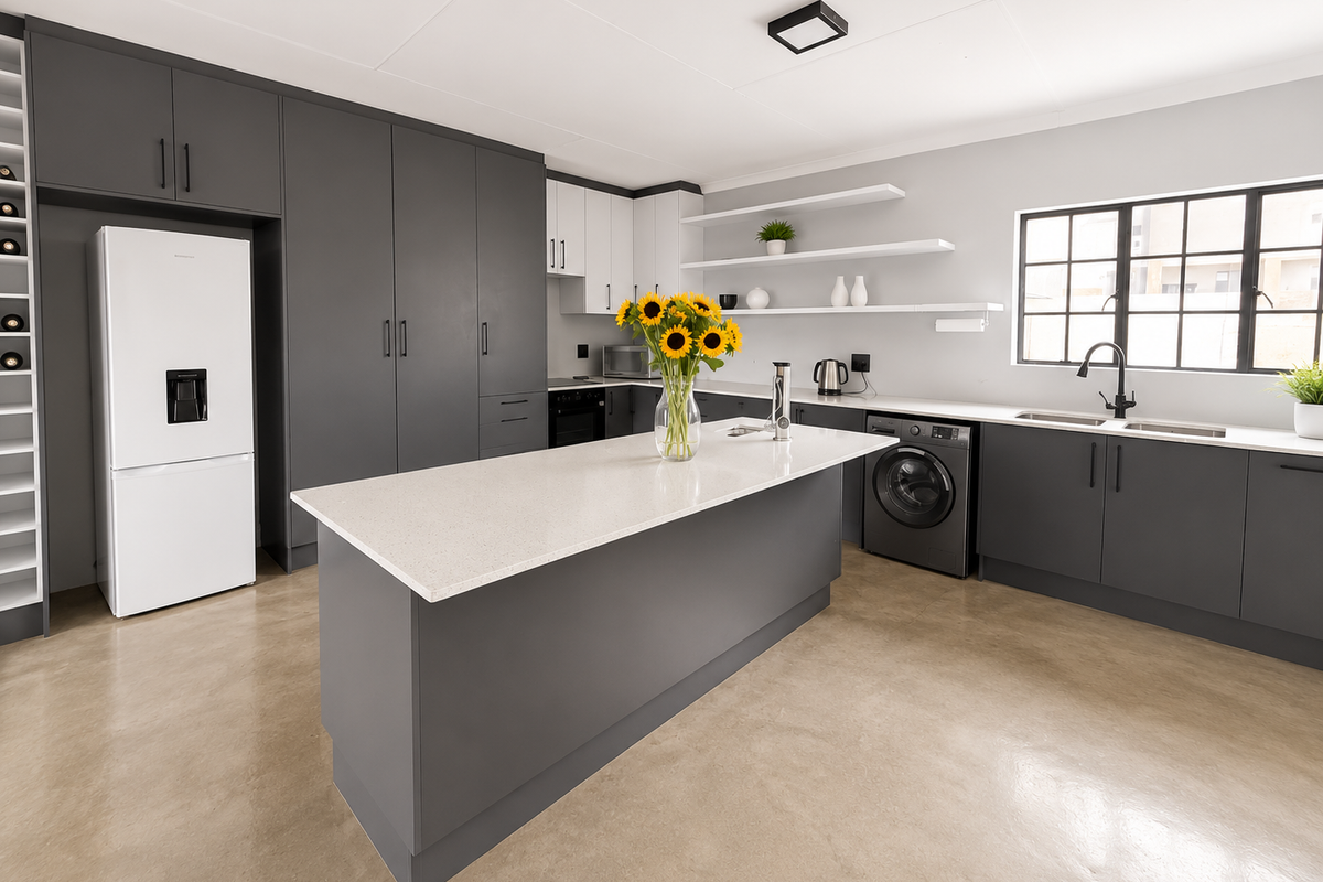 Modern kitchen featuring a central island, dark grey cabinetry, white stone countertops, integrated shelving, and a double sink with a matte black faucet.