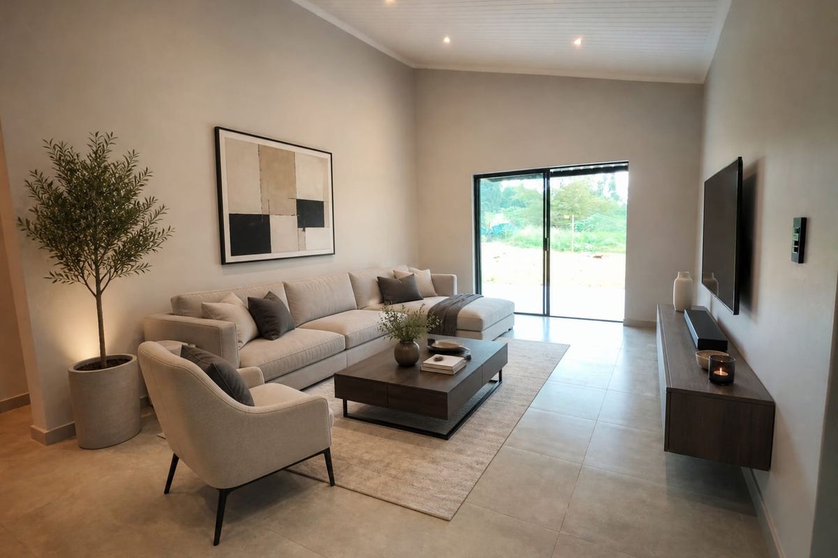 A modern, well-lit living room featuring tiled floors, a high tongue and groove ceiling, and a sliding glass door leading to the exterior.