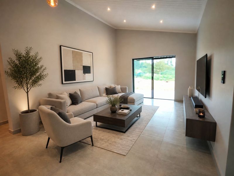 A modern, well-lit living room featuring tiled floors, a high tongue and groove ceiling, and a sliding glass door leading to the exterior.