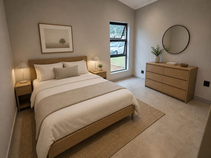 A well-lit, modern bedroom featuring neutral tones, tiled flooring, and a vaulted ceiling, creating a clean and inviting atmosphere.
