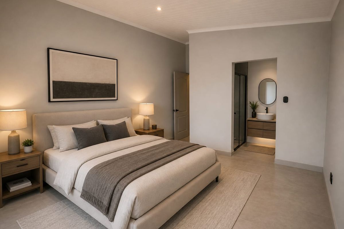 Modern bedroom featuring neutral tones, recessed lighting, and an open-plan en-suite bathroom with a contemporary vanity and vessel sink.
